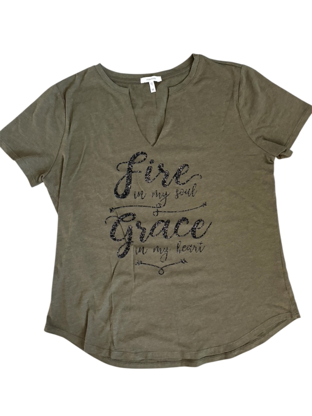 Maurices women's Tee V neck Olive Short-Sleeve with Black Script